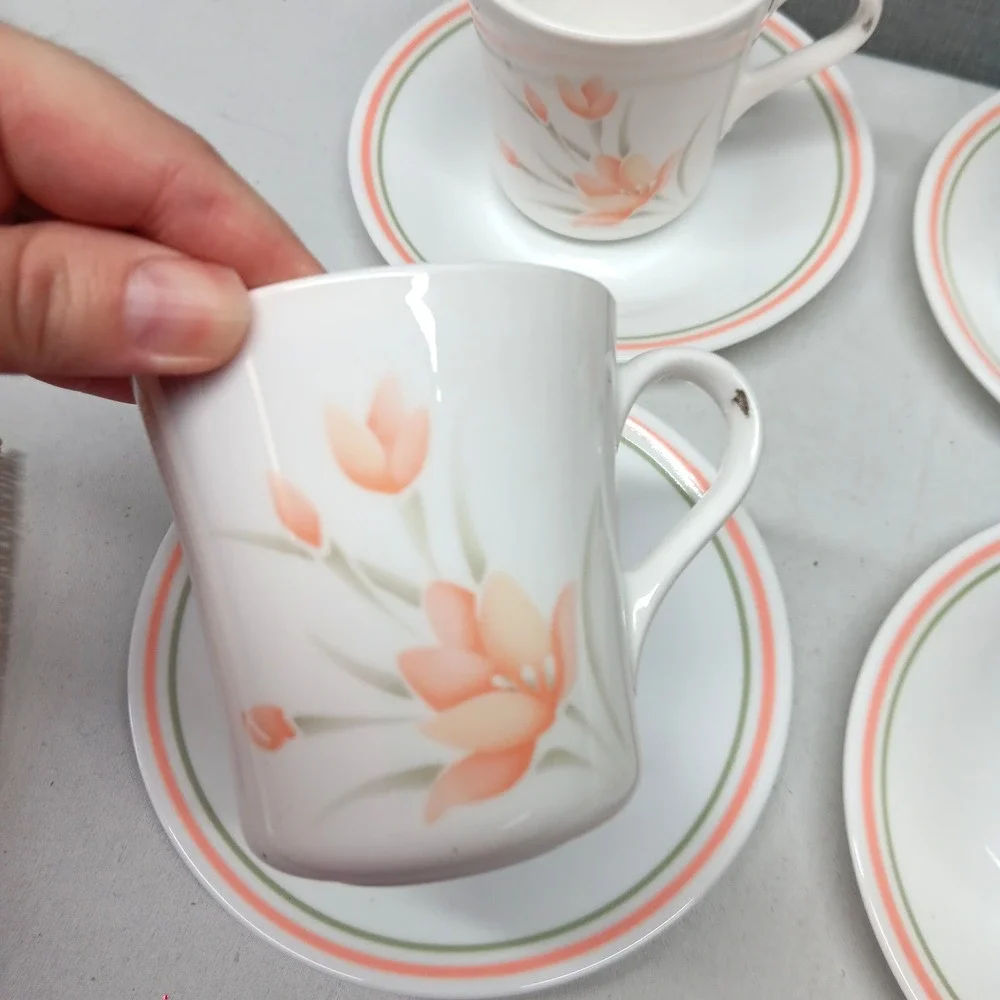 Vintage Corelle Peach Floral Cup Saucer Set‎ 4 Pink Green Stripe USA